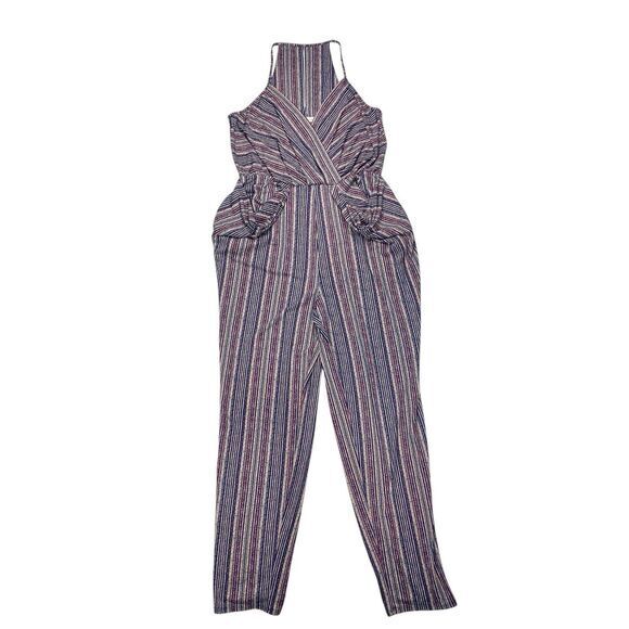 BCBGeneration Jumpsuit Women M Crossover V-neck Draped Pocket Striped Boho Beach - Picture 3 of 16